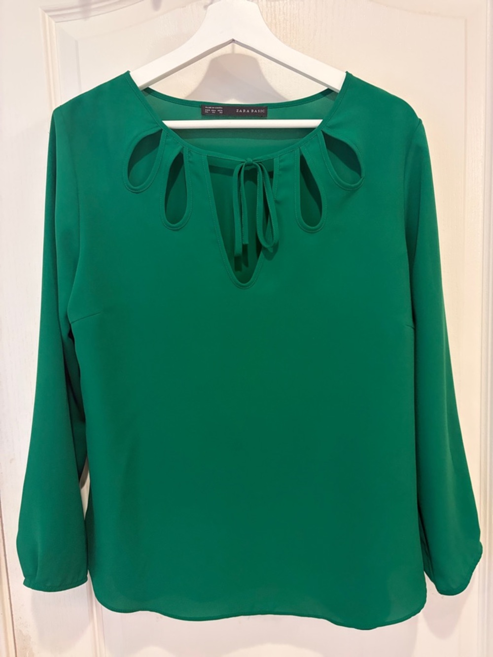 Zara Emerald Green Long-Sleeve Keyhole Tie Blouse